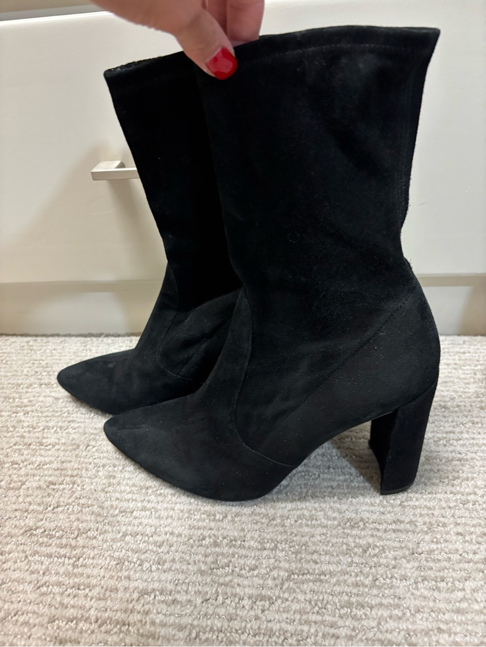 Stuart Weitzman Black Suede Mid-Calf Pointed Toe Heeled Boots